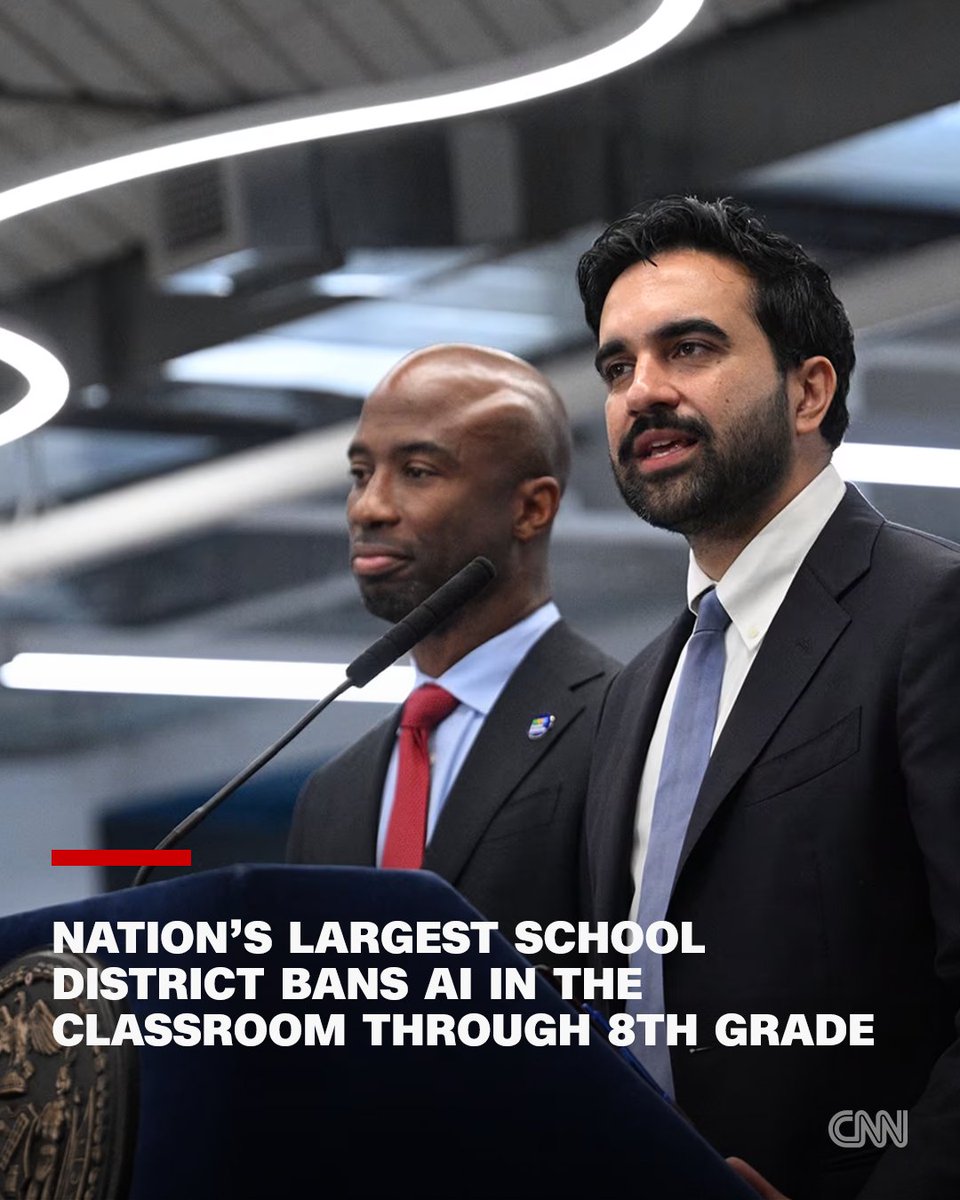 CNN's tweet photo. New York City is banning the use of generative artificial intelligence for public school students from 2K through 8th grade, part of a larger move to restrict classroom technology in the nation’s largest school district. https://t.co/XokhgcbdYe https://t.co/WQvisTPZU3
