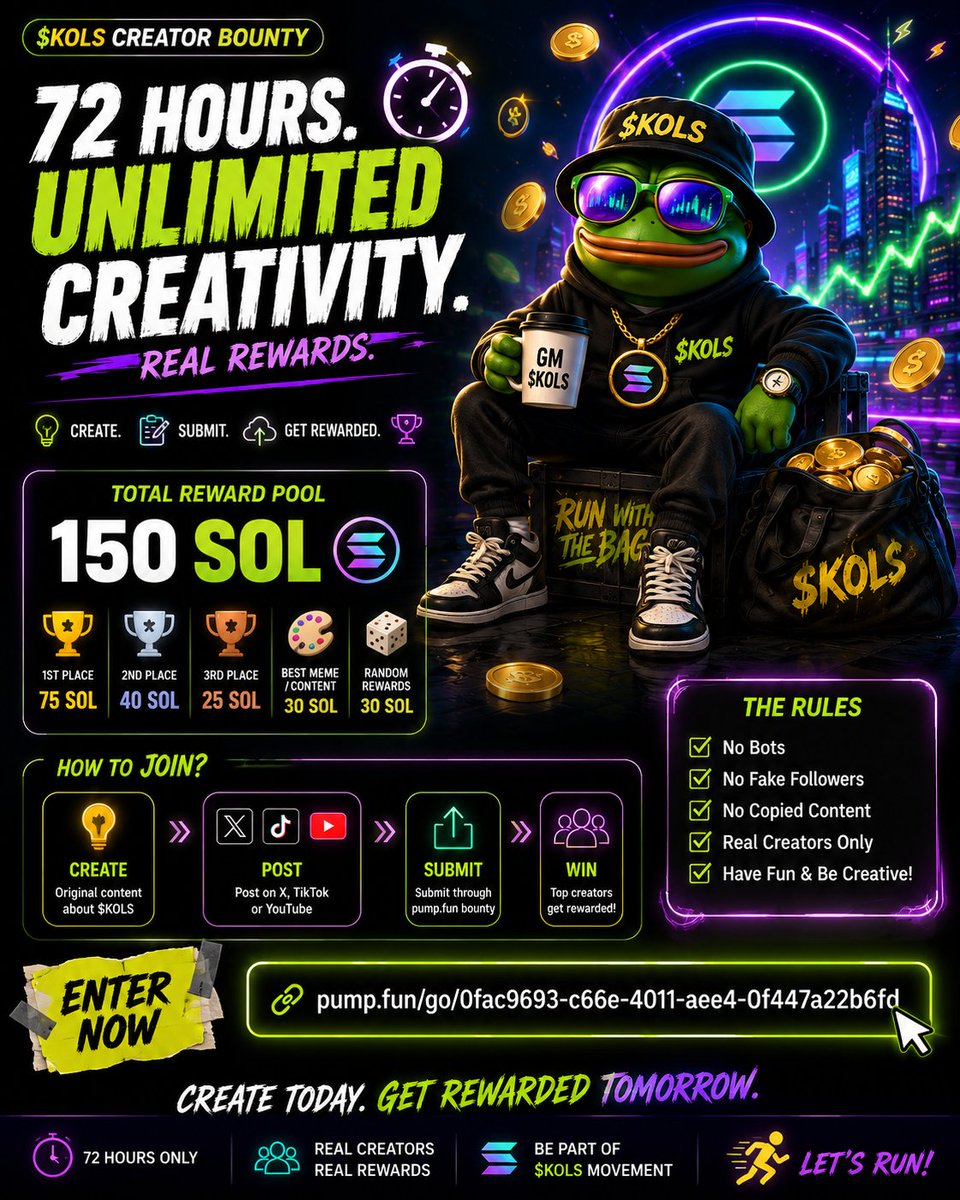 _K0LS's tweet photo. ⚡ 72 HOURS. YOUR CREATIVITY. YOUR MOVE. 🟡

The $KOLS Creator Bounty is live ,  bring your best meme, video, or original content and put it in the spotlight. 🎨🔥

Create → Post → Submit → Compete for rewards. 🏆

No bots. No copied content. Just real creators having fun and bringing something fresh to the community.

🎯 150 SOL reward pool
⏳ 72 hours only

👉 Enter now: https://t.co/ieb0aP3aUX

Let’s see what you’ve got. 🏃💰

$KOLS #Solana #Crypto #Memecoin