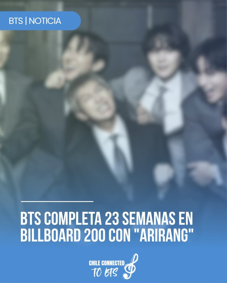 ConnectedBts's tweet photo. INFO 🗞
BTS completa 23 semanas consecutivas en los billboard 200 con 'ARIRANG' 🎉🔥
#btsarmy #BTS #BTSenChile #btsupdates https://t.co/FnWuWJAD0o