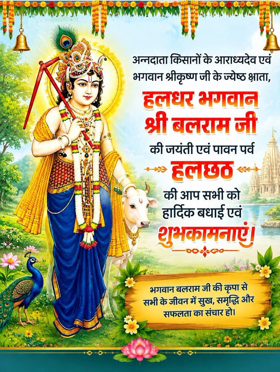 JayankarP's tweet photo. अन्नदाता किसानों के आराध्यदेव एवं भगवान श्रीकृष्ण जी के ज्य���ष्ठ भ्राता, हलधर भगवान श्री बलराम जी की जयंती एवं पावन पर्व हलछठ की आप सभी को हार्दिक बधाई एवं शुभकामनाएँ। https://t.co/4mHhJocvD2