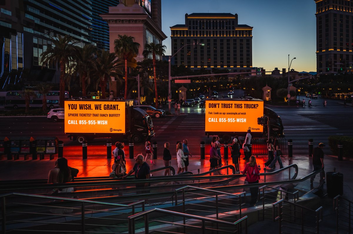 simpleailab's tweet photo. Hello Vegas! We’re in town this week and we bring gifts. 👀 🎁

The Simple Wishline is live! Look out for our trucks on the Strip. Whether you're here for Genesys Xperience, or just enjoying the summer. When you spot one, simply call the number and tell Wendy the Wishline Agent your gift.

We’re granting wishes all week. Some asked for tickets to the Sphere. Some, that fancy buffet. What do you wish for?
