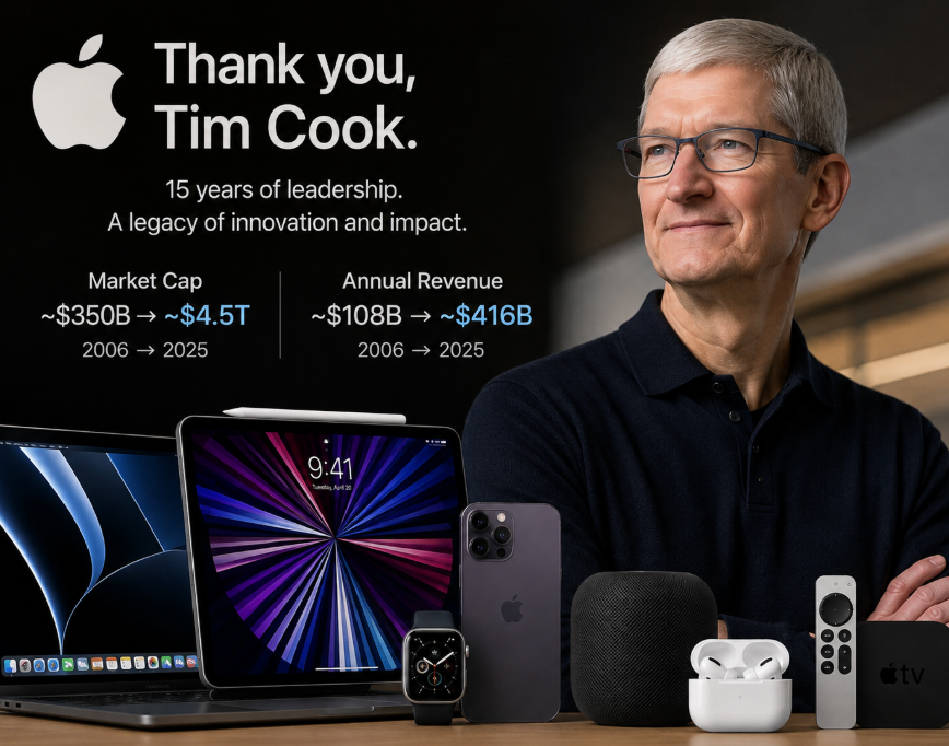 aituninglab's tweet photo. Everyone is welcoming Apple's new CEO @johnternus.

But I'm not seeing nearly enough goodbyes to @tim_cook.

Let's remember what Tim Cook actually accomplished:

Apple market cap:
~$350B → ~$4.5T
Annual revenue:
~$108B → ~$416B

15 years as CEO.
Steve Jobs built the Apple we fell in love with. But quantitatively, Tim Cook took Apple to a level even Jobs never reached.

Thank you, Tim.
$AAPL