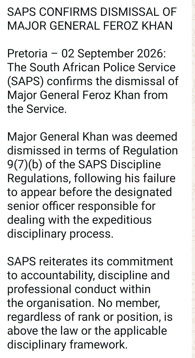 Chriseldalewis's tweet photo. BREAKING 

Major General #FerozKhan has been dismissed by the SAPS for failing to appear his disciplinary process 

#sabcnews https://t.co/NmnFPwVFdP