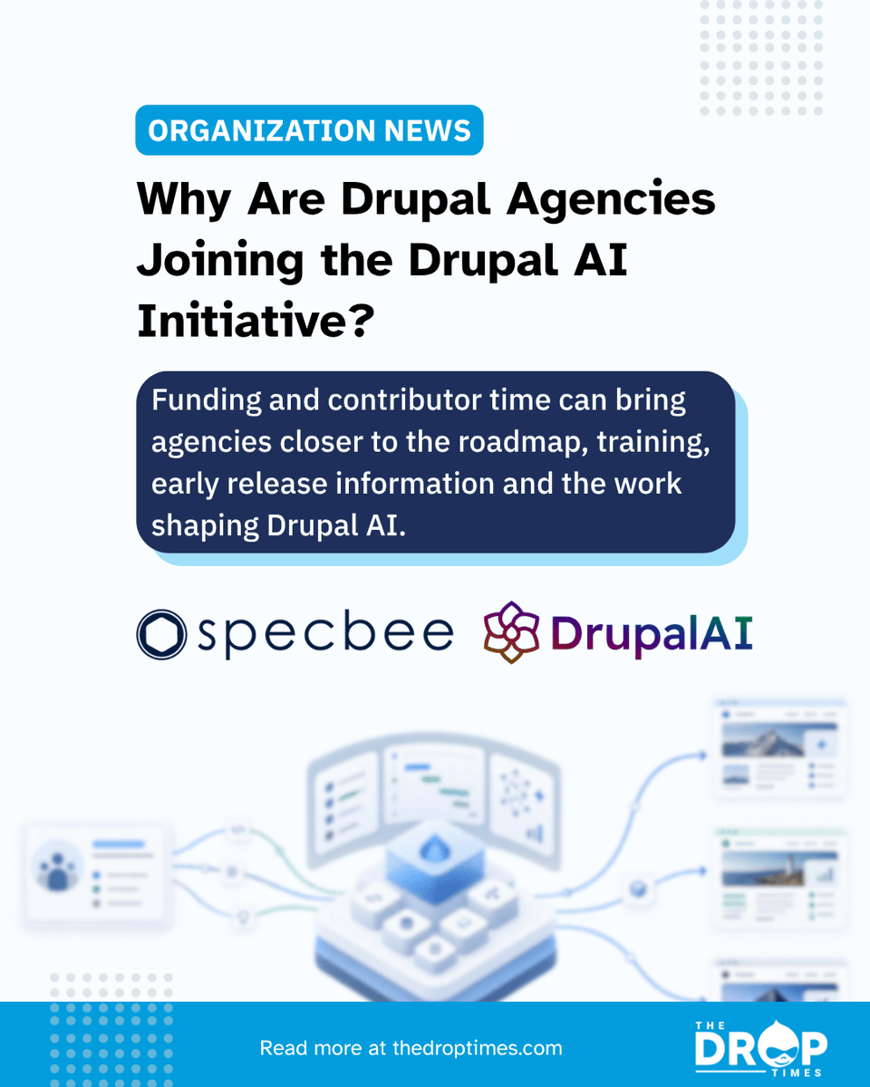 thedroptimes's tweet photo. Specbee has joined the Drupal AI Initiative as a Silver Partner, supporting coordinated AI development through funding and contributor resources. No specific workstream has been announced.

https://t.co/PAv3b9gj1y 

#Drupal #DrupalAI #OpenSource https://t.co/cVkgeuyzAY