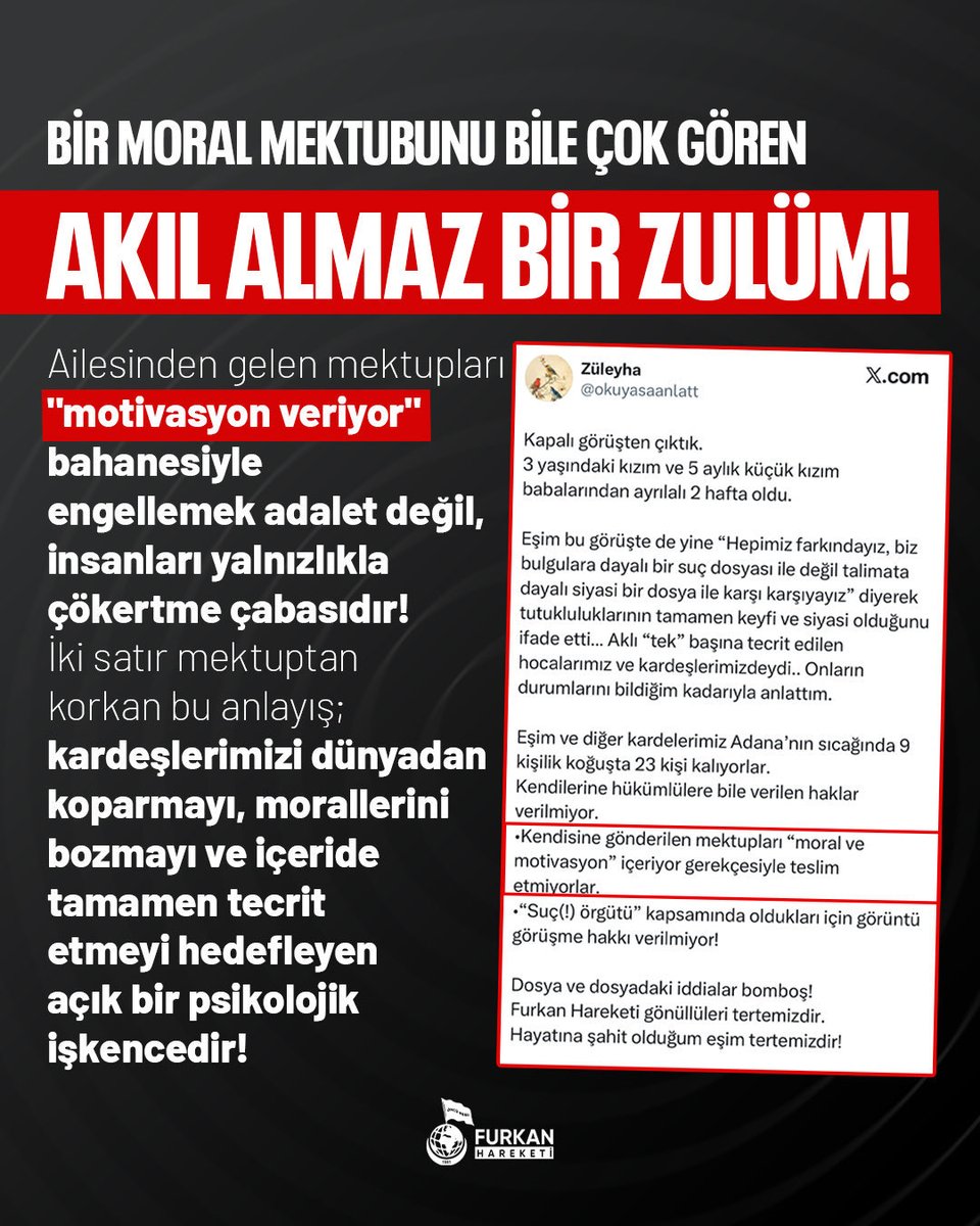 FurkanHarekt33's tweet photo. BİR MORAL MEKTUBUNU BİLE ÇOK GÖREN AKIL ALMAZ BİR ZULÜM!

FurkanGönüllülerine Ozgürlük
TecritZulmüne SonVerin
#YeterArtık https://t.co/vxfP3AFiv2