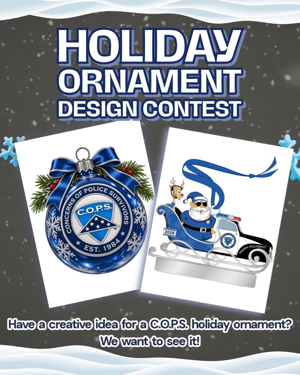 nationalcops's tweet photo. ONLY 2 DAYS LEFT!
Your design could become this year’s C.O.P.S. holiday ornament!  The winner will receive a complimentary ornament and a C.O.P.S. Shop gift certificate!
Send your Design to reagan_dame@nationalcops.org https://t.co/N9sJW0BUIw