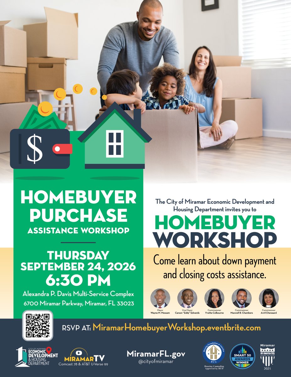 CityofMiramar's tweet photo. The City of Miramar will be hosting a Homebuyer Purchase Assistance Workshop

Join us and learn about down payment assistance, closing costs assistance, and more

Thursday, September 24 | 6:30pm
Alexandra P. Davis Multi-Service Complex
6700 Miramar Parkway
Miramar, Fl 33023

Register for free at: https://t.co/vfJe9b1krk
