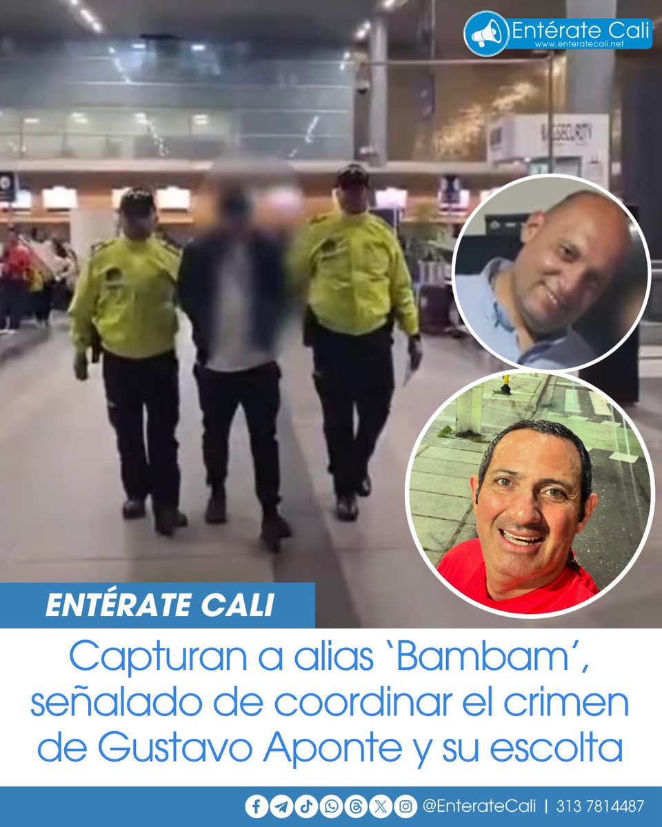 EnterateCali's tweet photo. Las autoridades capturaron a alias ‘Bambam’, señalado de estar involucrado en el asesinato del empresario Gustavo Aponte y su escolta, ocurrido en Bogotá.

Según las autoridades, el detenido estaría relacionado con la estructura encargada de articular el ataque y coordinar a otros participantes. 🚨👮‍♂️🔎

Su captura hace parte de las investigaciones para esclarecer el homicidio y determinar quiénes estarían detrás del hecho.

El caso continúa bajo investigación y las autoridades buscan establecer el nivel de responsabilidad de ‘Bambam’ y el posible vínculo con otros integrantes de la organización involucrada en el crimen.