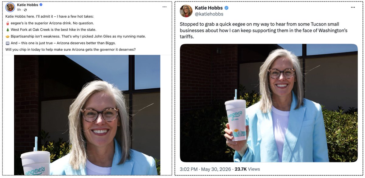 AZBrianAnderson's tweet photo. She's still doing it …

@KatieHobbs wrote on Facebook yesterday that she went to @eegees. The photograph was taken 3 months ago.

Too timid and weak to be in public. Embarrassing

https://t.co/PkUo3QyMro https://t.co/OaESao82U7