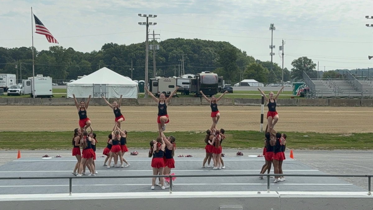 AFalconFacts's tweet photo. It was a HOT first day at the fair, but our Fitch Cheer team brought the energy to the cheer demo! 📣❤️💙

Nothing but smiles, stunts,  and Falcon spirit! https://t.co/nLY0jnAGvY