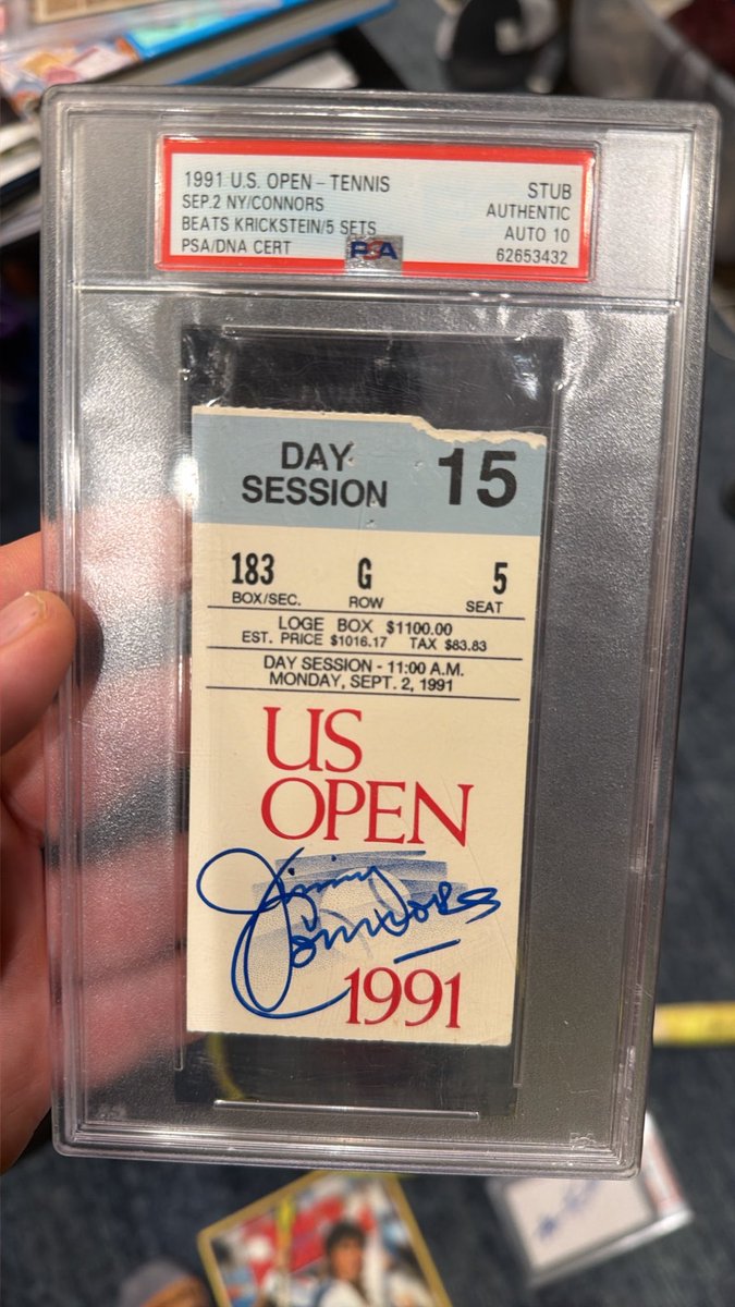 darrenrovell's tweet photo. 35th anniversary today of one of my favorite sporting events: Connors vs. Krickstein. 

I have a signed, used racket from the 1991 US Open, a signed ticket, a signed SI and a Krickstein auto. 

Happy Birthday, @JimmyConnors!!! https://t.co/eZecGinCkz