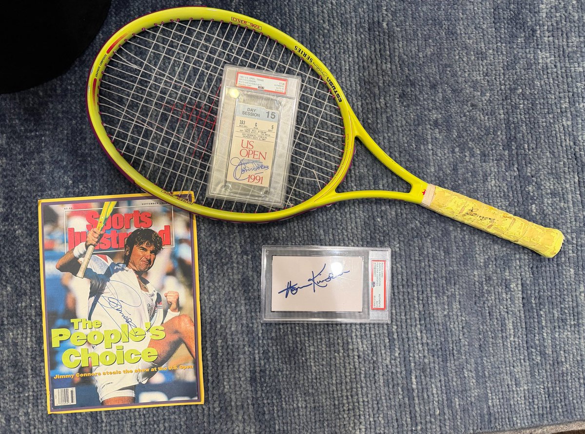 darrenrovell's tweet photo. 35th anniversary today of one of my favorite sporting events: Connors vs. Krickstein. 

I have a signed, used racket from the 1991 US Open, a signed ticket, a signed SI and a Krickstein auto. 

Happy Birthday, @JimmyConnors!!! https://t.co/eZecGinCkz
