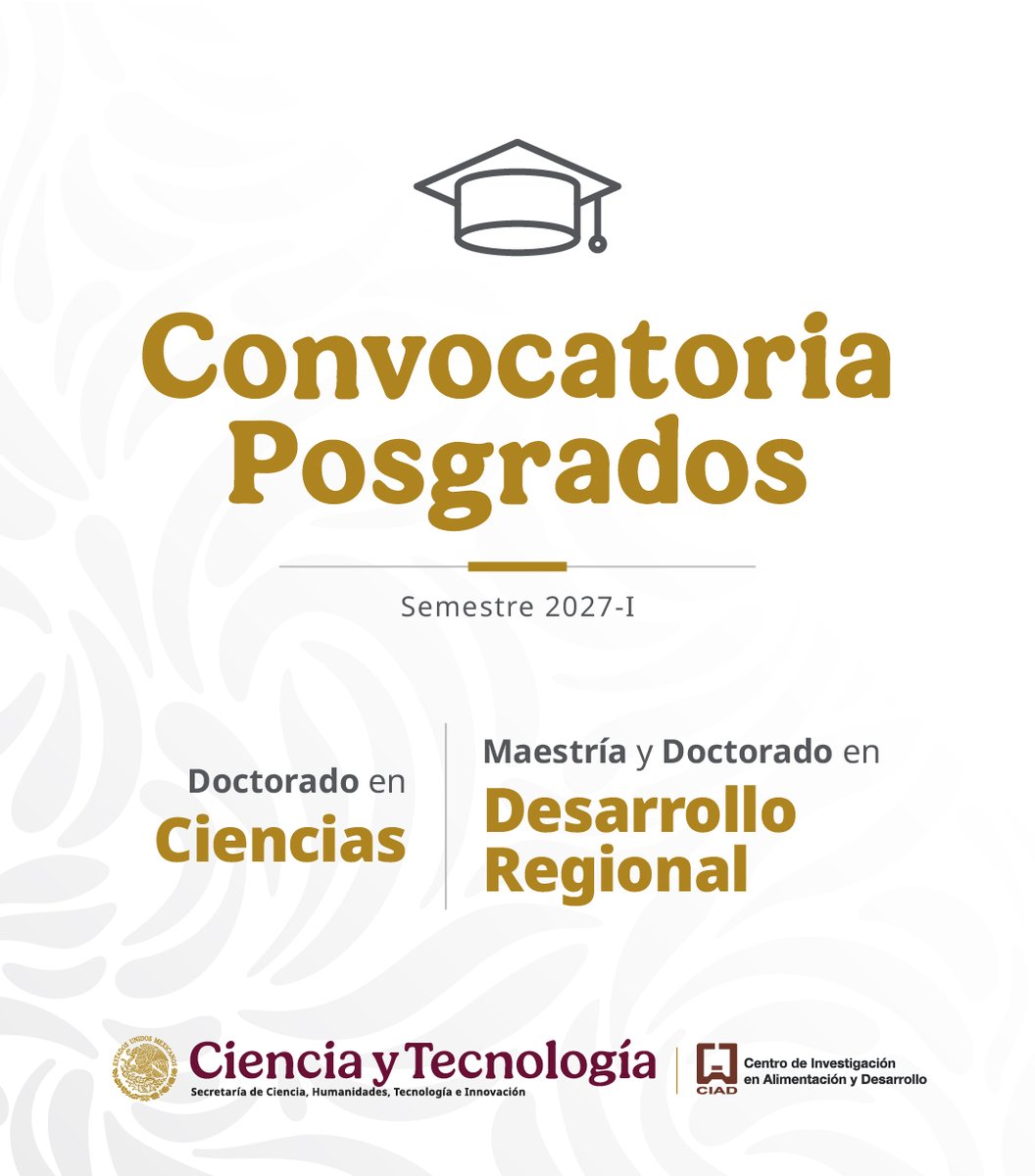 ciadmx's tweet photo. 🎓 Convocatoria de Posgrados CIAD 2027-I
Si estás buscando una formación con respaldo científico y la oportunidad de contribuir a la generación de conocimiento y soluciones para los grandes retos de nuestra sociedad, esta convocatoria puede ser para ti.
👉https://t.co/sze8soutRQ https://t.co/Jm0nULYqZM