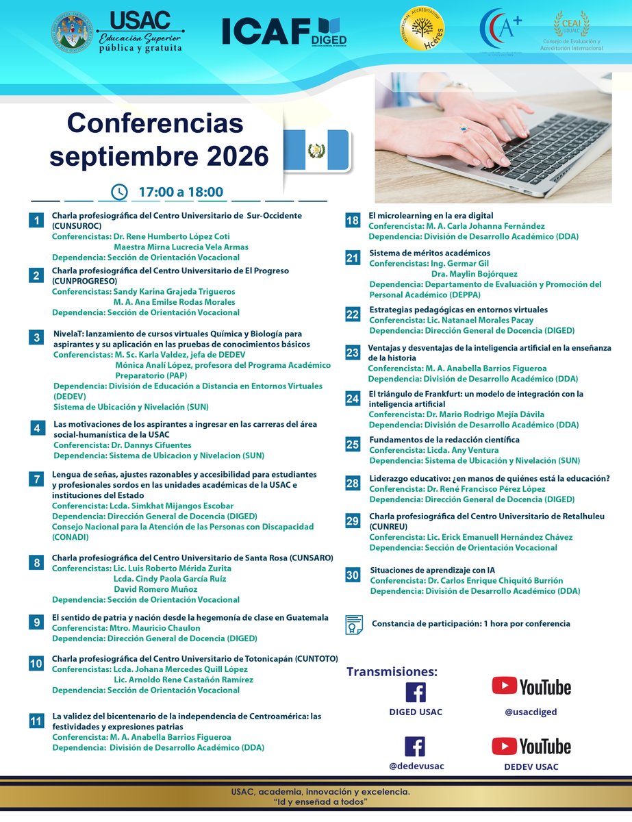 usacdedev's tweet photo. 🚨¡Comunidad de la Universidad de San Carlos de Guatemala marquen en su agenda fechas y temas de interés! ✍🏻Compartimos las conferencias del programa ICAF del mes de septiembre.🗓️ https://t.co/3NheKov4OO