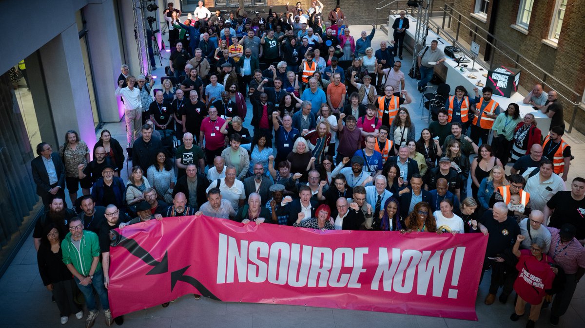 RMTunion's tweet photo. Last night, outsourced workers, activists and trade unionists came together to send a clear message: the age of outsourcing is over.

Every year, corporate outsourcing giants make billions from public contracts while leaving services and the people who provide them worse off.

@RMTunion and @unisontheunion are saying this must stop. Public services should be run for people, not profit. And every worker is entitled to decent pay and conditions.

It’s time for the Government to make good on its promises, sit down with us and make a plan to #InsourceNow!

The campaign starts here: https://t.co/xzUk2CbEzU