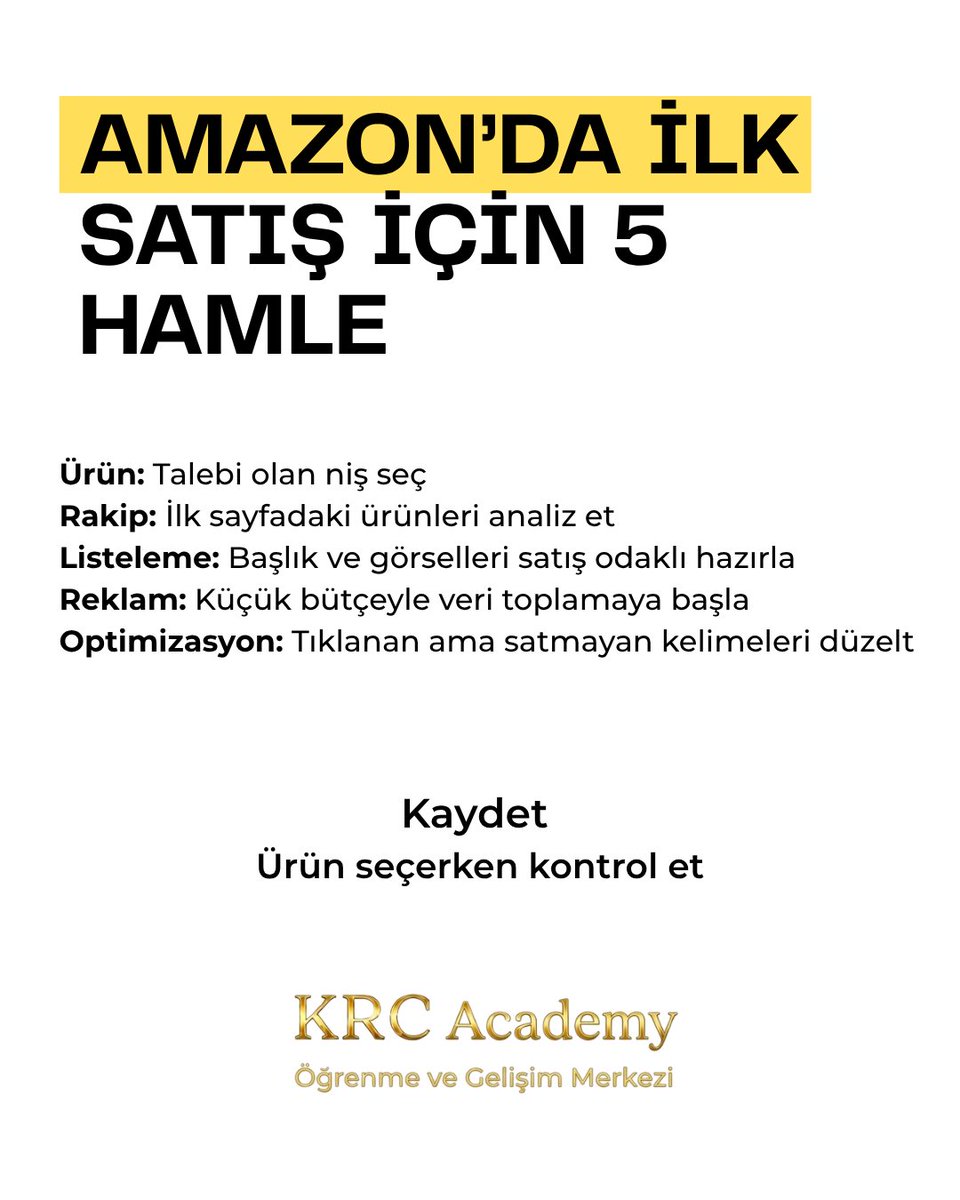 krcacademy's tweet photo. İlk satış tesadüf değil, doğru adımların sonucu. 🚀
Ürün seçimi, rakip analizi, güçlü listeleme ve doğru reklam stratejisiyle Amazon’da daha sağlam bir başlangıç yapabilirsin.

Bu postu kaydet, ilk ürününü listelerken kontrol listesi olarak kullan. https://t.co/gpc1RZ1eQZ