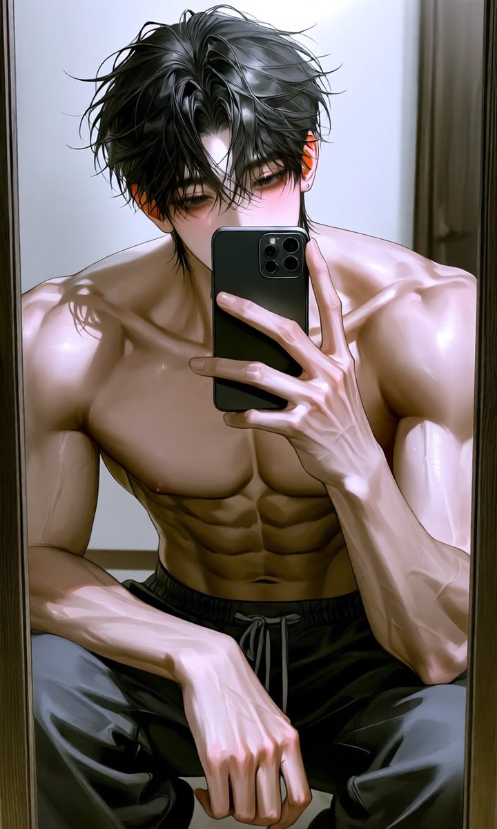 seopk_'s tweet photo. 셀카 📸

[공용]
solo, shirtless, crouching, front view, mirror selfie, taking photo with smartphone covering middle of face, right hand holding phone, left arm bent naturally with hand resting on left knee, leaning forward, broad shoulders, indoor mirror background,

[의상]
dark gray sweatpants with drawstring

-> 다른 의상도 가능 (바지 프롬)