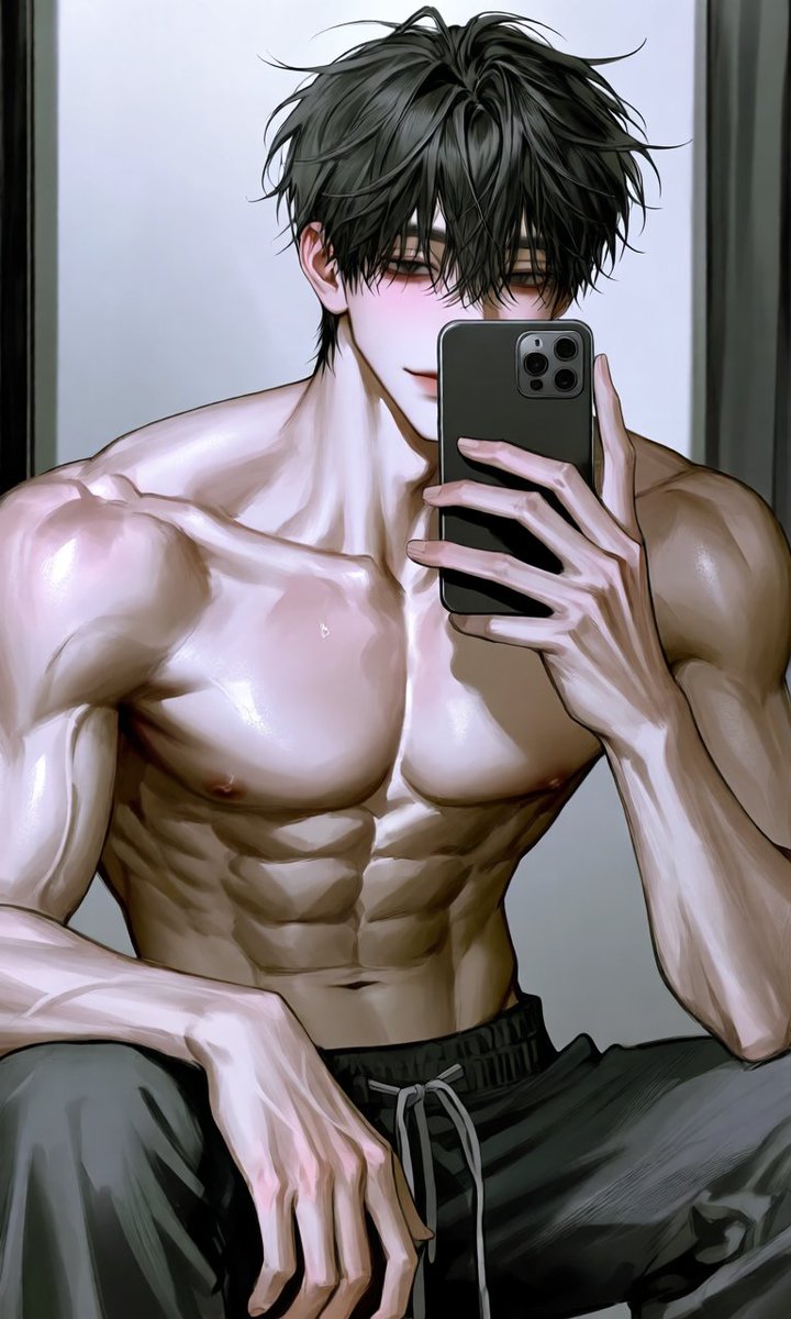 seopk_'s tweet photo. 셀카 📸

[공용]
solo, shirtless, crouching, front view, mirror selfie, taking photo with smartphone covering middle of face, right hand holding phone, left arm bent naturally with hand resting on left knee, leaning forward, broad shoulders, indoor mirror background,

[의상]
dark gray sweatpants with drawstring

-> 다른 의상도 가능 (바지 프롬)