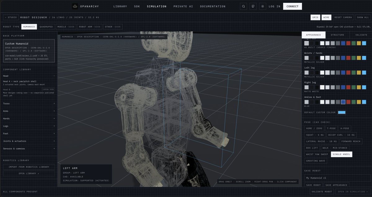 Opanarchyai's tweet photo. Earlier this year, we shared a first look at our robot designer.

Since then, we've taken the idea considerably further

We have now built a complete robotics CAD environment for designing and customising robots from 3D components and assemblies

We're starting with humanoids and expanding into quadrupeds and other robot types

The next step is connecting the design process more deeply with simulation and training.