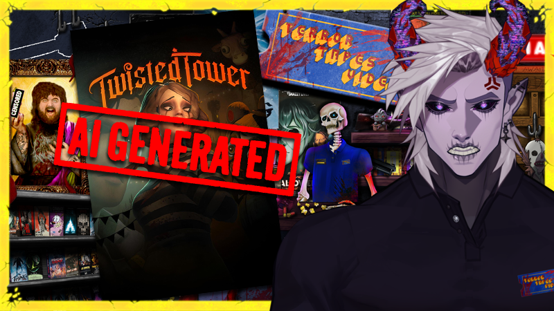 NightmareNexus's tweet photo. 📼TERROR TAPES PSA📼
It was brought to my attention that TWISTED TOWER, the Bioshock inspired carnival horror shooter is riddled with Gen AI use.

I had my gripes about the game, especially narratively but CHRIST

Terror Tapes Video ONLY supports tapes MADE BY REAL people! https://t.co/LAvG9kobaA