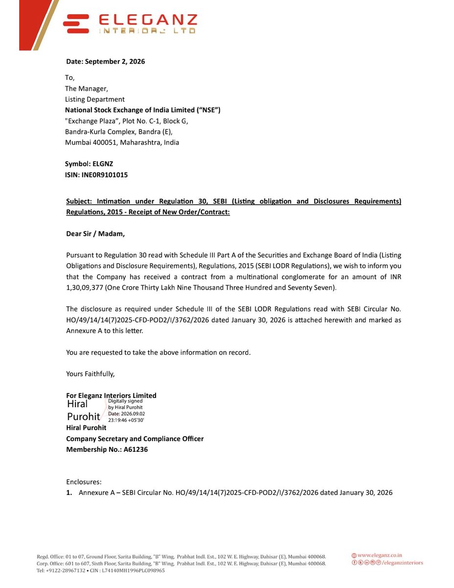 nileshkurhade's tweet photo. 📌 Eleganz Interiors Limited informed the exchange about receiving a contract from a multinational conglomerate for an amount of INR 1,30,09,377. The contract is for Kitchen Backhouse &amp; External Development Civil Works Package to be executed by December 31, 2026. #SME #ELGNZ 🏗️📋 https://t.co/cxWtgUi8Zp