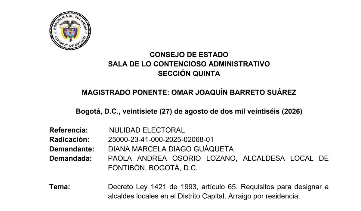 ColAboElectoral's tweet photo. El Consejo de Estado acaba de pronunciarse sobre el requisito de arraigo territorial previsto en el art. 65 del Decreto Ley 1421 de 1993, en un proceso de nulidad electoral contra el nombramiento de la alcaldesa local de Fontibón.

Se demandó el nombramiento de Paola Andrea Osorio Lozano como alcaldesa local de Fontibón. La demandante alegó que no estaba acreditado su arraigo en Fontibón, entre otras razones porque la designada también había participado en el proceso meritocrático para la Alcaldía Local de Tunjuelito.

El argumento central de la demanda era que una persona no podía acreditar simultáneamente arraigo en dos localidades, pues ello afectaría la certeza y coherencia del vínculo territorial exigido por el art. 65 del Decreto Ley 1421 de 1993.

Continúa leyendo en el hilo siguiente...
Acceso a la providencia en el siguiente link:  https://t.co/m1BUdcVX9U
