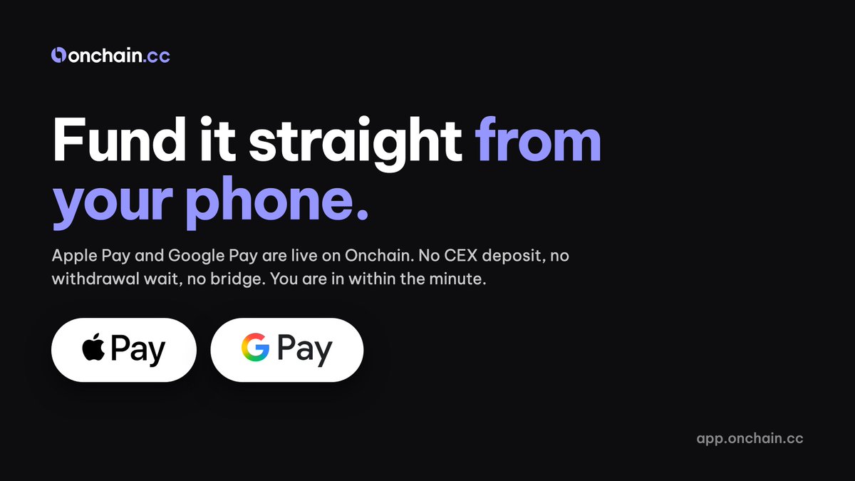 Onchaincc's tweet photo. Nothing worse than watching something run when you haven't got funds ready to catch it.

Apple Pay and Google Pay are live on Onchain. Fund straight from your phone and you are in within the minute.

No CEX deposit, no withdrawal wait, no bridge. https://t.co/m3JokhJUES