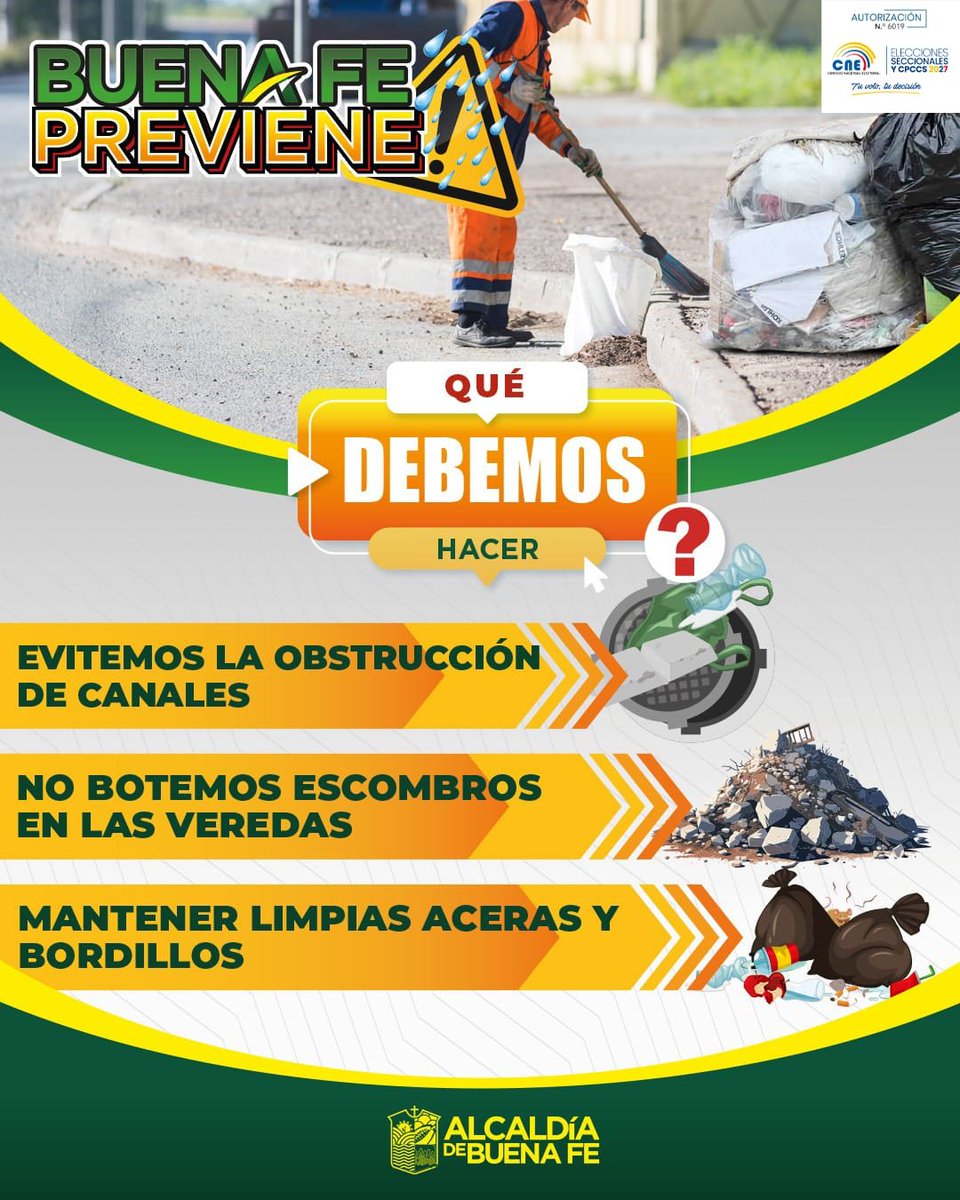 noticiasru593's tweet photo. 🚨 ATENTOS 🚨 

🟡🟢⚪️|#CampañaInformativa 
BUENA FE PREVIENE.⚠️

Ante la posible llegada del fenómeno de El Niño⛈️🌧️ mantengámonos preparados aplicando las medidas preventivas. 

#PorUnMejorBuenaFe 
#FenómenoElNiño
#AlcaldíaDeBuenaFe https://t.co/TAin1KEEzz