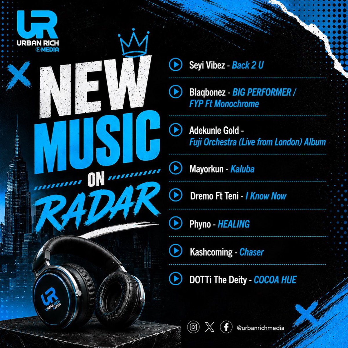 urbanrichmedia's tweet photo. New Music on Radar

Seyi Vibez - Back 2 U 
Blaqbonez - BIG PERFORMER / FYP Ft Monochrome
Adekunle Gold - Fuji Orchestra (Live from London) Album  
Mayorkun - Kaluba
Dremo Ft Teni - I Know Now
Phyno - HEALING 
Kashcoming - Chaser 
DOTTi The Deity - COCOA HUE
#newmusic https://t.co/AlUVArXFJD