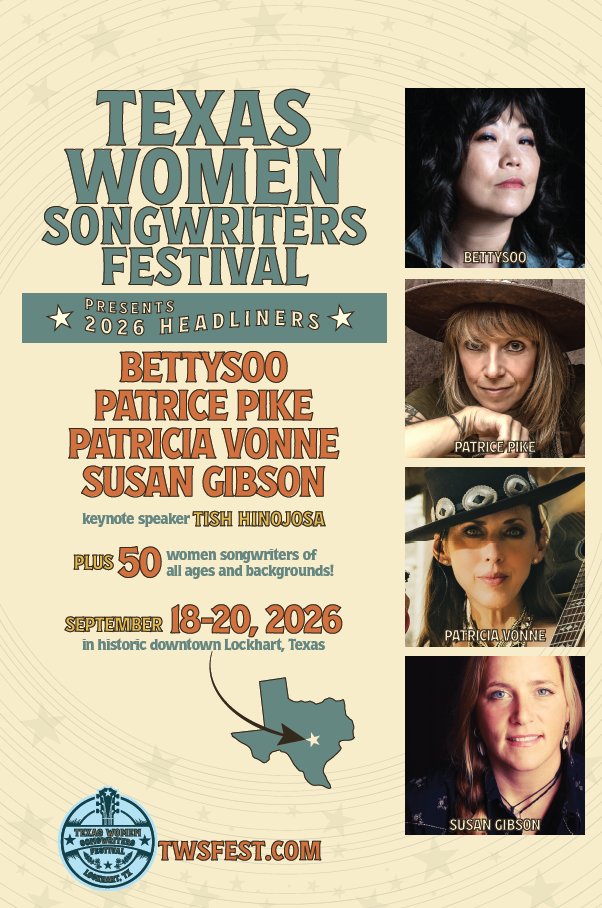 txmusicoffice's tweet photo. The Texas Women Songwriters Festival returns September 18–20, 2026, bringing an unforgettable weekend of original music, storytelling and collaboration to historic downtown Lockhart, Texas. The three-day celebration features headline artists BettySoo, Patrice Pike, Patricia Vonne and Susan Gibson, plus 50 women songwriters of all ages and backgrounds performing across multiple walkable downtown venues.

From intimate multi-artist song swaps to headline performances and a Sunday mariachi brunch, TWS Fest offers music lovers the chance to discover both emerging voices and beloved Texas songwriters. All song swaps are free and open to the public, making this a welcoming celebration of the incredible diversity, talent and community of women in Texas music.

@CityLockhartTX