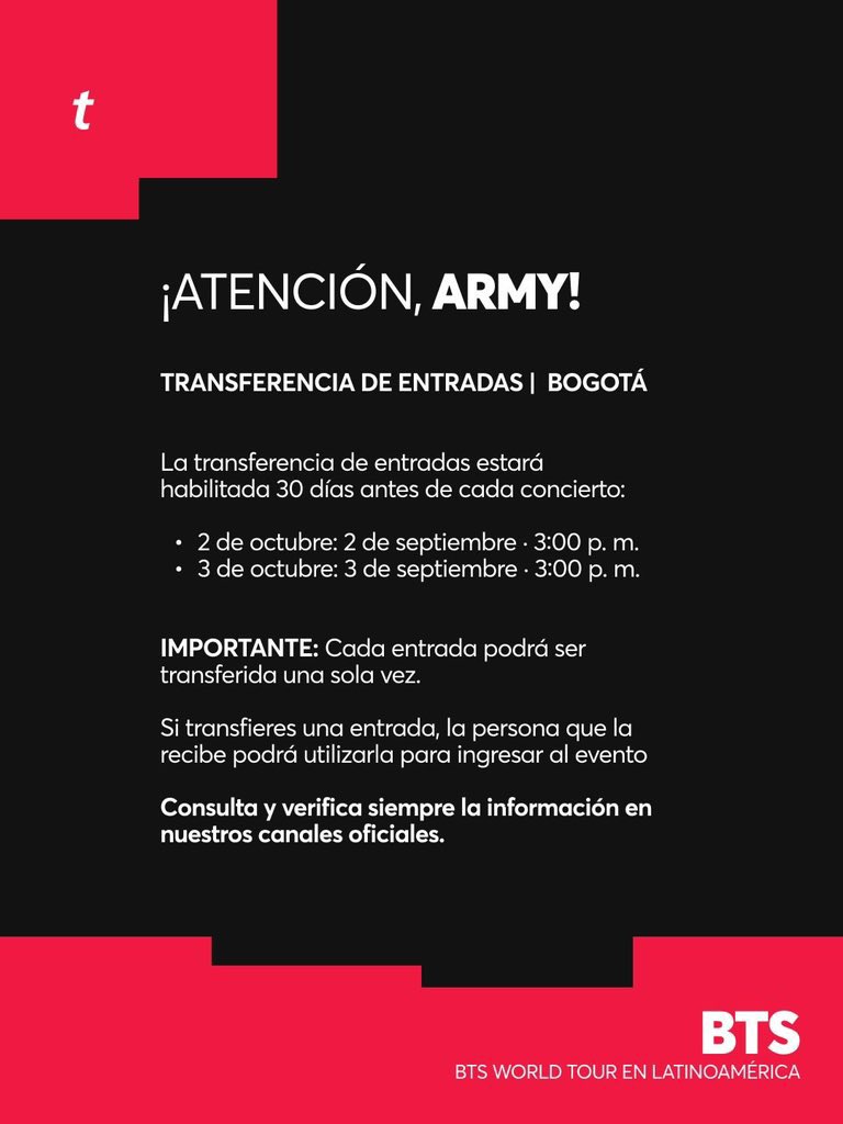 musictrendscol's tweet photo. Información importante sobre la transferencia de entradas y los Soundcheck Packages para BTS en Colombia 🇨🇴🚨 https://t.co/kxdKKDJmgR