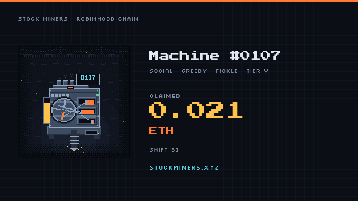 tejbuilds's tweet photo. Just claimed 0.021 ETH from Machine #0107 in the @StockMinersRH mine. https://t.co/ohI84WKWHH