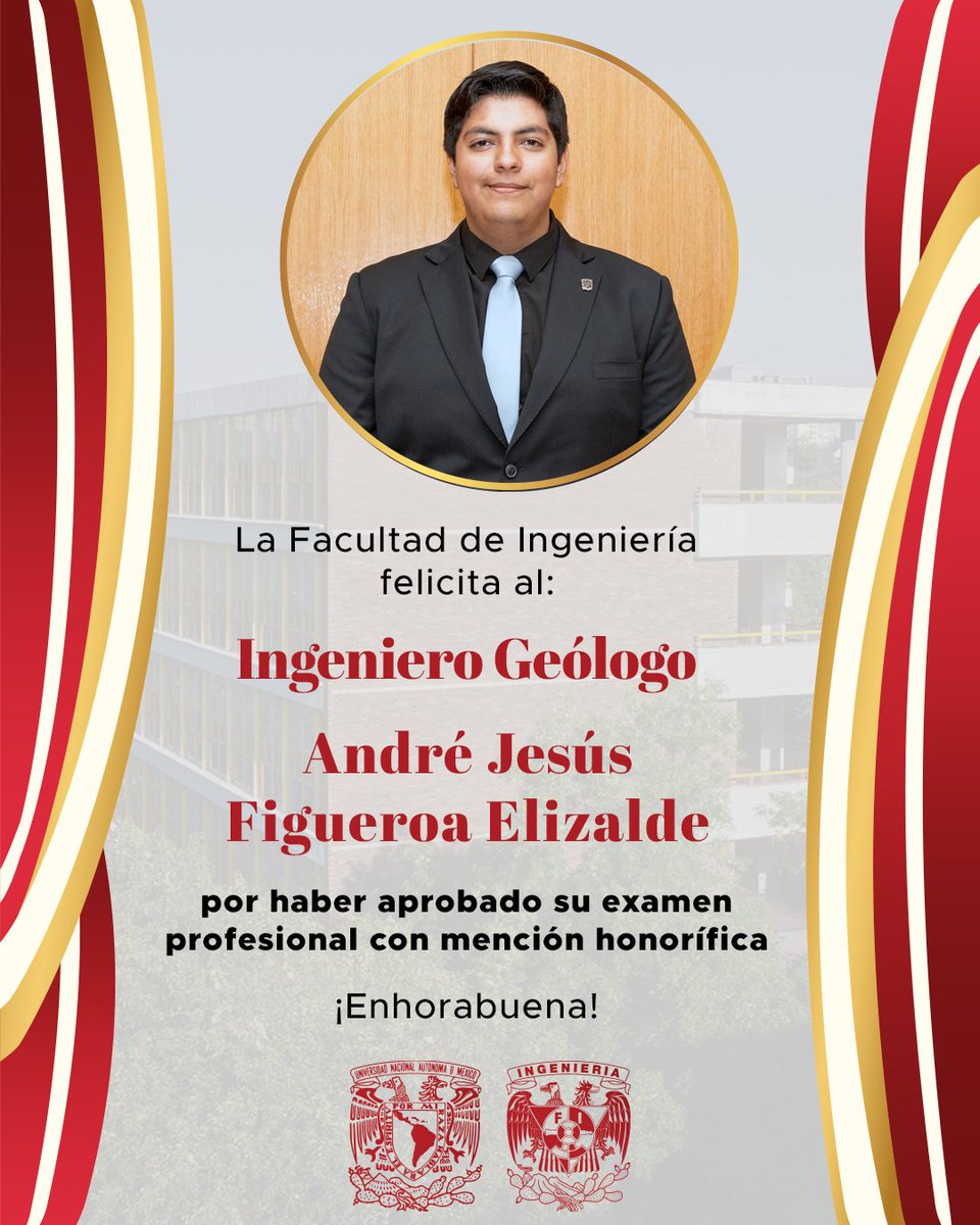 FIUNAM_MX's tweet photo. La Facultad de Ingeniería felicita al Ingeniero Geólogo André Jesús Figueroa Elizalde por haber aprobado su examen profesional con mención honorífica.
¡Felicidades!
#OrgulloFI ❤️🤍
#EnLaFIHacemosCiencia ✨
@DICT_FIUNAM https://t.co/fu9QYDVMFP