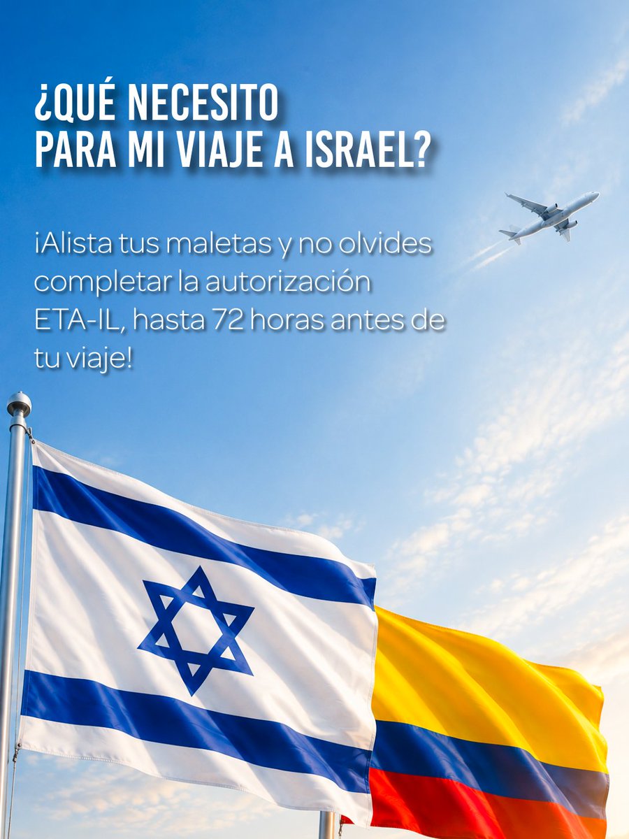 IsraelinCol's tweet photo. 🇮🇱✈️🇨🇴 ¡Nos vamos para Israel!

¡Ahora sí es oficial! Desde hoy, los colombianos pueden viajar a Israel sin necesidad de visa.

Antes de empacar tus maletas, recuerda tener listo tu pasaporte y tramitar tu autorización ETA-IL. Te explicamos cómo hacerlo paso a paso en este carrusel. 👆

Una vez aprobada, la ETA-IL puede tener una vigencia de hasta 2 años o hasta el vencimiento de tu pasaporte y permite visitas de hasta 90 días.

📌 Recuerda solicitarla con anticipación y hacerlo únicamente a través del sitio oficial de ETA-IL.

Y ahora que ya estás listo… ¿qué lugar de Israel quieres conocer primero? 🇮🇱❤️