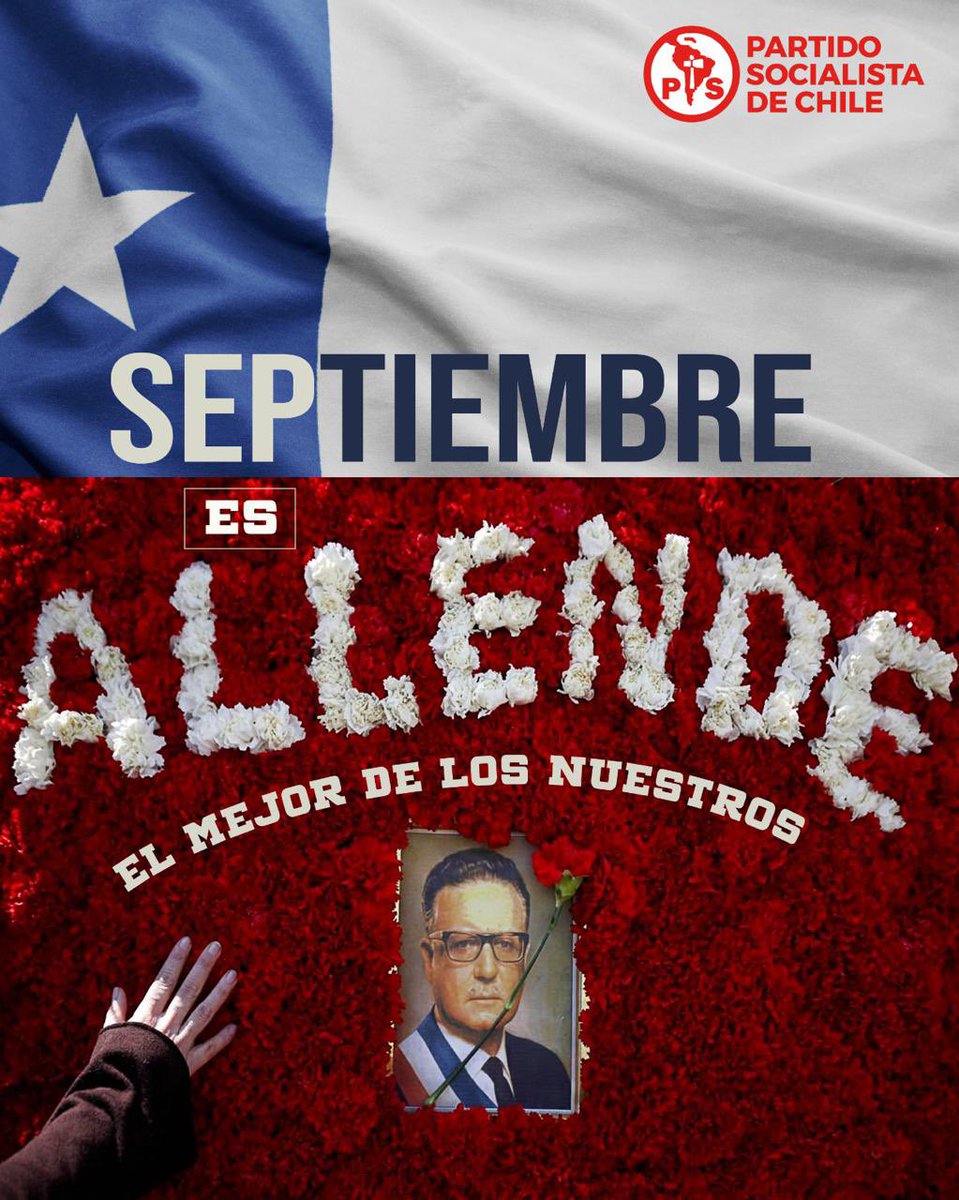PSChile's tweet photo. Septiembre es Allende. El mejor de los nuestros.

Cada año reafirmamos con la misma certeza de siempre: que existen legados que nunca se apagan. Un Presidente que creyó que la dignidad no era un privilegio, sino un derecho para todos y todas que vivieran en esta hermosa larga y https://t.co/lVQscDpWyl