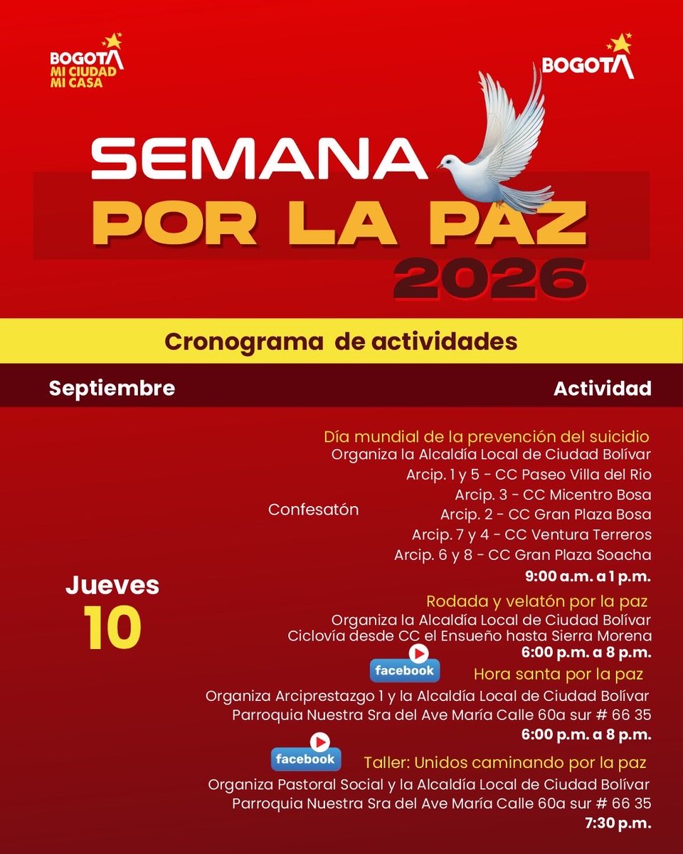ALCBolivar's tweet photo. Del 3 al 13 de septiembre vivimos la Semana por la Paz 🕊️

Te esperamos con tu familia para compartir actividades temáticas, deportivas, culturales y comunitarias donde la paz se construye desde el barrio.

¡Ven, participa y haz parte del cambio!

#SemanaPorLaPaz #CiudadBolívar https://t.co/wtbFqM6LAh
