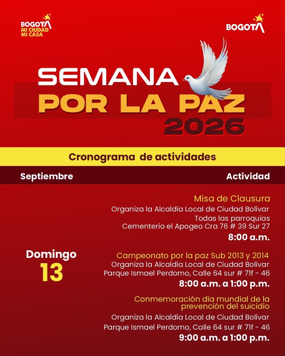 ALCBolivar's tweet photo. Del 3 al 13 de septiembre vivimos la Semana por la Paz 🕊️

Te esperamos con tu familia para compartir actividades temáticas, deportivas, culturales y comunitarias donde la paz se construye desde el barrio.

¡Ven, participa y haz parte del cambio!

#SemanaPorLaPaz #CiudadBolívar https://t.co/wtbFqM6LAh