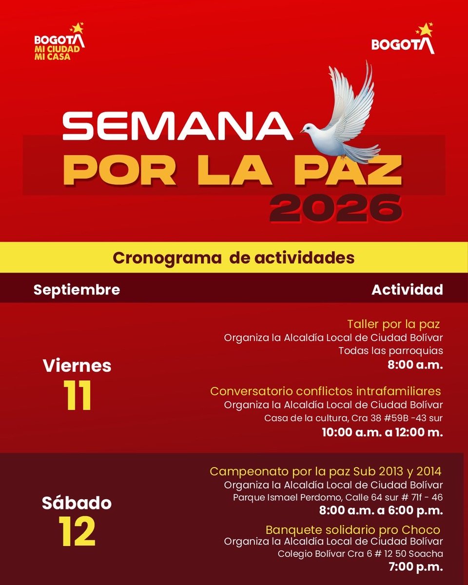 ALCBolivar's tweet photo. Del 3 al 13 de septiembre vivimos la Semana por la Paz 🕊️

Te esperamos con tu familia para compartir actividades temáticas, deportivas, culturales y comunitarias donde la paz se construye desde el barrio.

¡Ven, participa y haz parte del cambio!

#SemanaPorLaPaz #CiudadBolívar https://t.co/wtbFqM6LAh