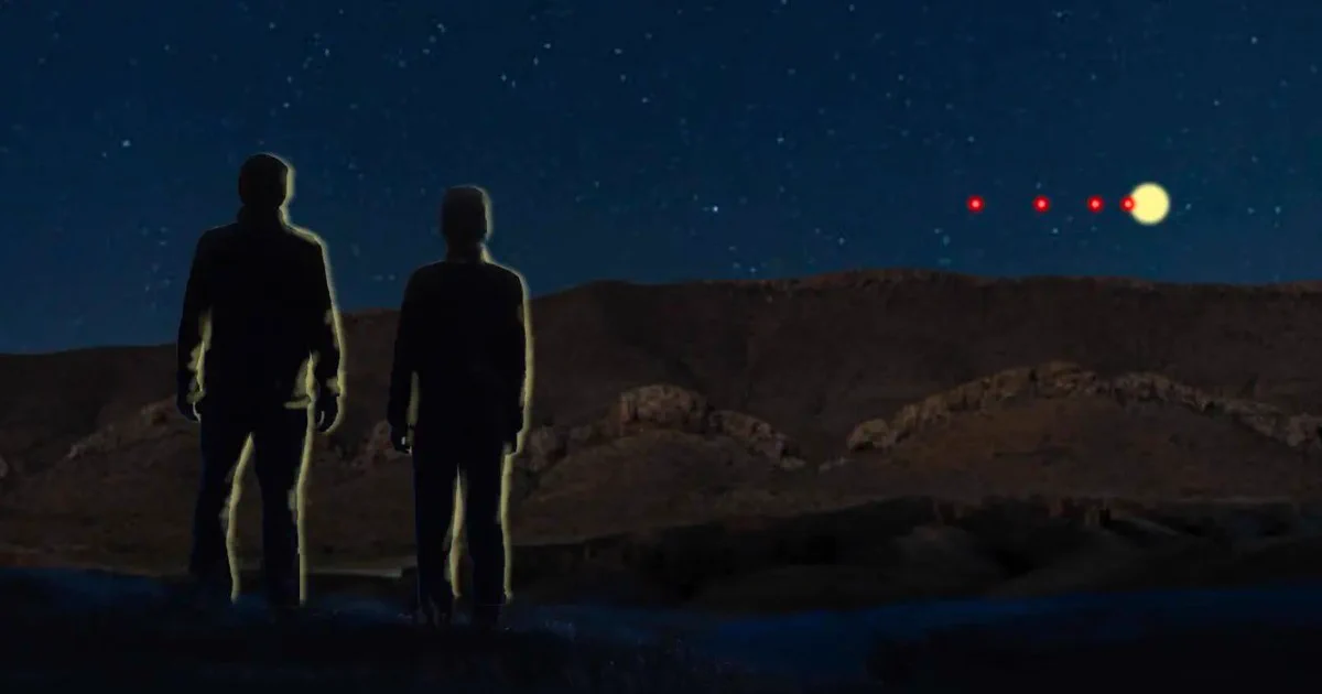 A recently declassified digital rendering of a UFO encounter reported by U.S. military personnel in October 2023.