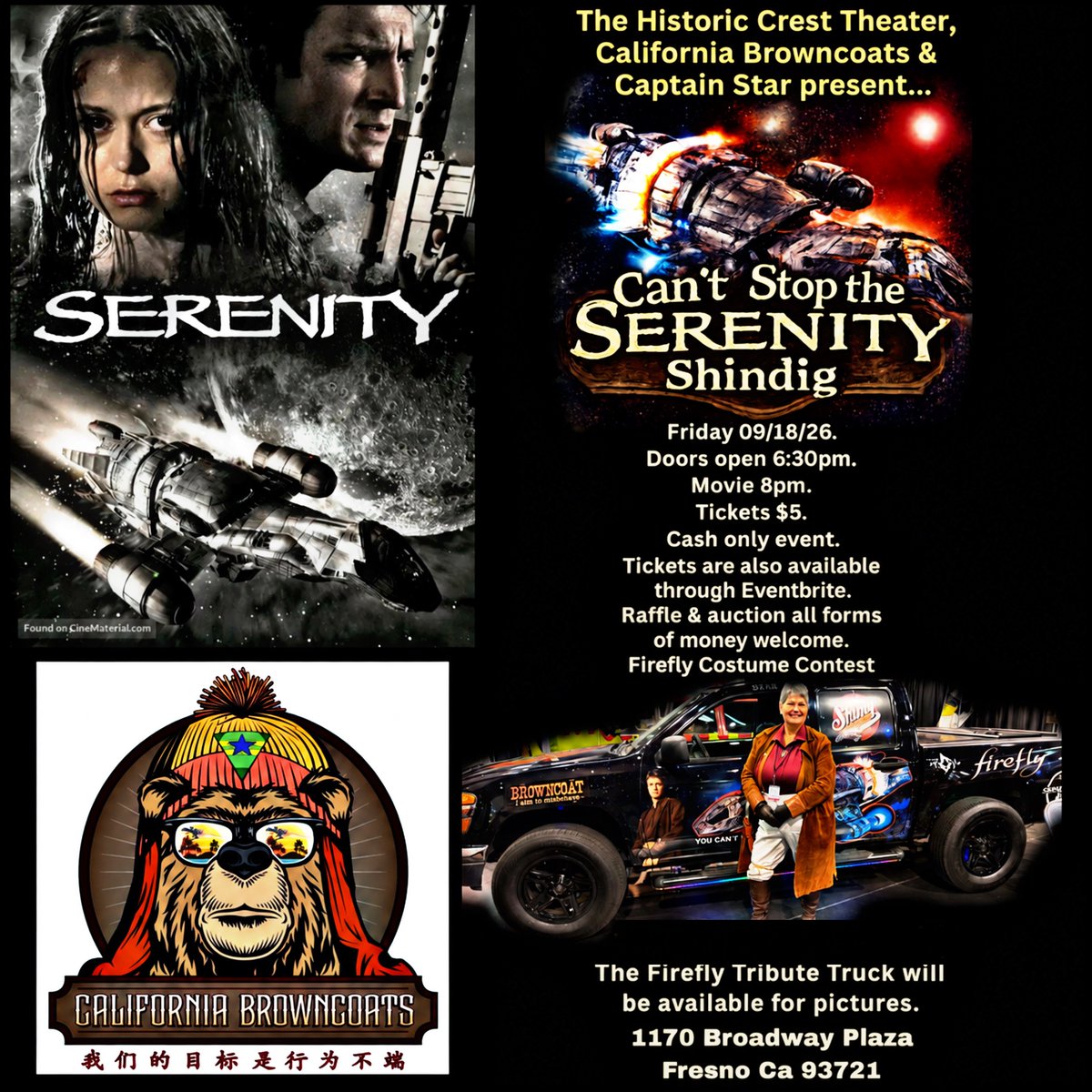 CABrowncoats's tweet photo. We're getting closer to CSTS #Fresno! Watch the BDM in the historic Crest Theater, see the Firefly Tribute Truck, play our Firefly Carnival Game (thanks to the @PghBrowncoats) and help us support the theater &amp; the Wooten center! (Anyone wanna win a shirt signed by Alan Tudyk?) https://t.co/tfKzt7GoTM