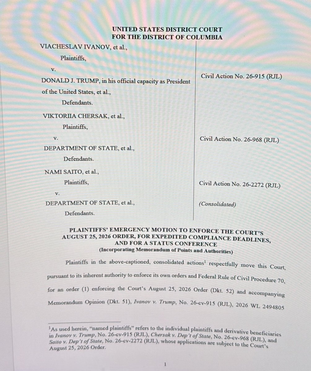 ckuck's tweet photo. Earlier today we filed our Motion to Enforce in the Ivanov #DV2026 case, because @StateDept has apparently decided that it doesn’t want to issue diversity lottery visas. Rubio does this in spite of Judge Leon’s order to issue the visas now, and that their failure to do so was illegal.