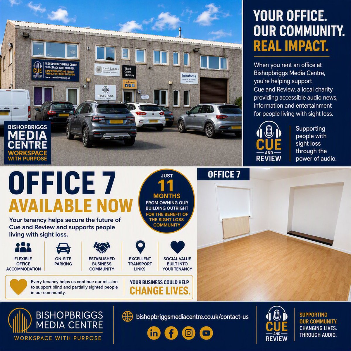 BriggsMedia's tweet photo. 🚨 OFFICE 7 AVAILABLE NOW

Not all office rent disappears into a landlord's pocket. Here, your tenancy helps support services for people living with sight loss.

🏢 Professional workspace 🚗 On-site parking ❤️ Genuine community impact

#OfficeToLet #GlasgowBusiness #SocialValue https://t.co/OuIsnK4ZTj