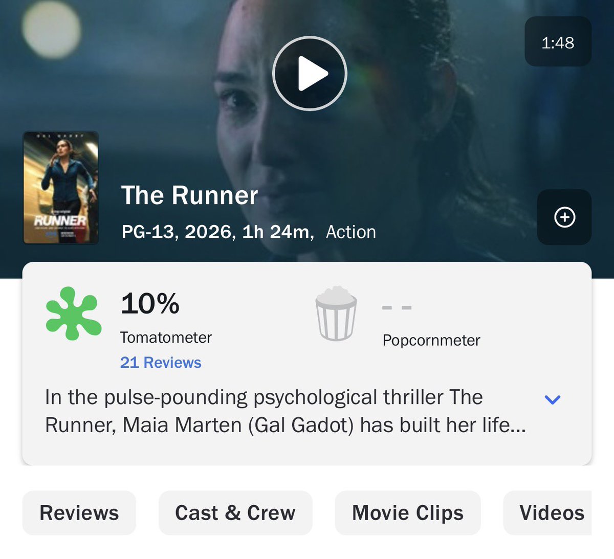 HollywoodHandle's tweet photo. Gal Gadot’s new film ‘THE RUNNER’ debuts with a poor 10% on Rotten Tomatoes 🍅 https://t.co/eRmJltTK8r