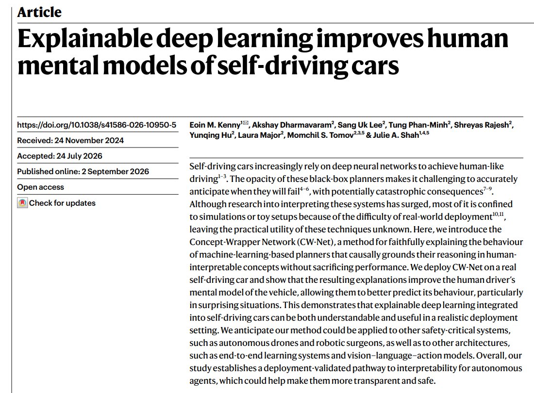 momchiltomov's tweet photo. Excited to share that our paper on explainable AI for autonomous driving is out today in @Nature ! 

Super proud to have been part of this amazing collaboration between @motionaldrive and @MIT_CSAIL!

Details in the 🧵 https://t.co/QkGEgoMrEt