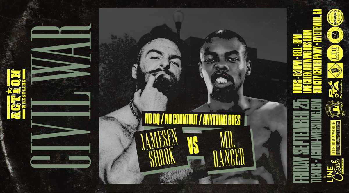 WrestleACTION1's tweet photo. MATCH ANNOUNCEMENT 

Fri, Sept 25
MR DANGER v JAMESEN SHOOK

No Countout/No DQ/Anything Goes!

Join us 9.25 in Fayetteville Ga at the Line Creek Brewing Bus Barn for CIVIL WAR https://t.co/1bnZ58Ziet