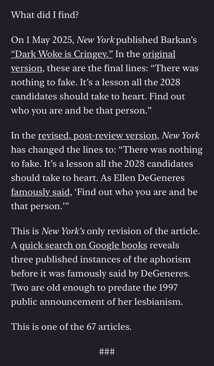 danielmarans's tweet photo. Another personal note about the @RossBarkan dustup with the benefit of new information: One of the cruelest things about public opinion “trials” is that, as in criminal trials, a person’s indictment makes the proverbial front page and the same person’s exoneration rarely does. So even when someone is partly or wholly exonerated, the professional and social consequences for the accused can last long after the original charges have withered.

Well, this week, the writer Jarrett Kobek did what neither NY Mag, nor any media reporter was willing to do, and actually identified each of Ross’s 67 alleged instances of plagiarism at NY Mag using tools available to anyone with the time or will. He found three genuine cases of Barkan passing off others’ reporting as his own without any attribution. The rest were far less serious and in some cases laughable (like an aphorism NY Mag attributed to Ellen DeGeneres even though it long predated her saying it).

Again, I take Ross’s missteps seriously and know they merited consequences. But Ross didn’t just lose a prestigious and decent-paying gig at NY Mag. He lost a major book deal, a teaching gig at NYU, potential freelance work at The Nation, and an untold chunk of his good name and social capital. If you think, as I do, that the punishment did not fit the crime, and that Internet feeding frenzies degrade our media and political culture, the least you can do is read this piece in full and share it with the same enthusiasm with which others cheered Ross’s downfall.