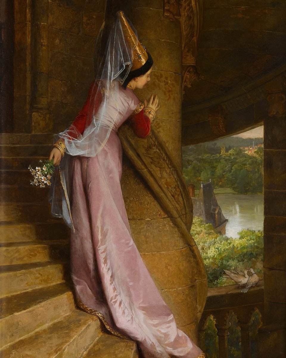 BluebellRaven's tweet photo. This headdress is called a hennin, and it originated in 15th-century Burgundy and France.

It was worn exclusively by noblewomen, the dramatic cone was crafted by stretching luxury fabrics over rigid card or wire frames, often paired with flowing sheer veils. 

Taller steeples signified higher aristocratic rank, as enforced by strict medieval laws. To complement the silhouette, women used to pluck their hairlines to achieve an ultra-high forehead to achieve the ultimate beauty standard of that era.

The Secret Rendezvous by Pierre-Charles Comte (1823–1895)