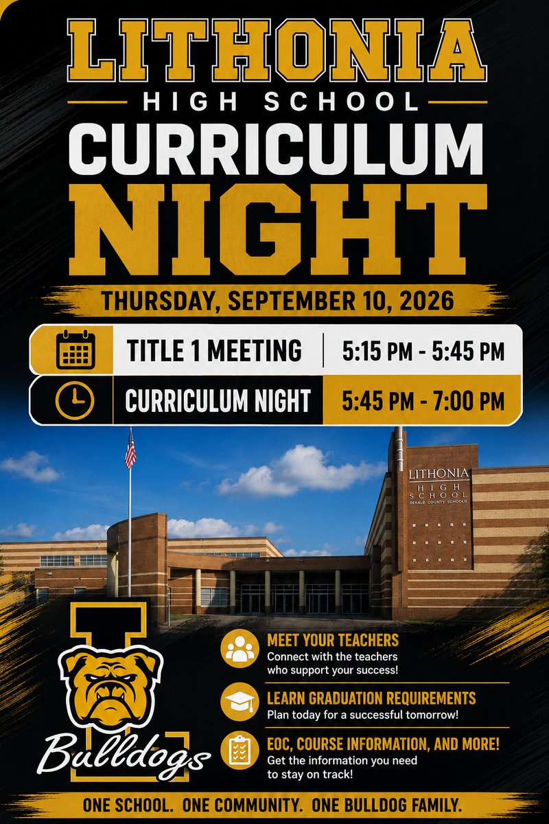APDavisLHS's tweet photo. 🐾 Bulldog Families, join us for Curriculum Night! Come connect, learn, and get ready for a successful school year. 💛
📅 Thursday, September 10
We’ll see you there! @LithoniaHigh @MCWilkinsPhD @APGreen_LHS @VachealHutchins @ItsMrHarvey5 @sween_the_Dean @LHS_MathAC @LHS_SSCoach https://t.co/p5A4ELdqiG