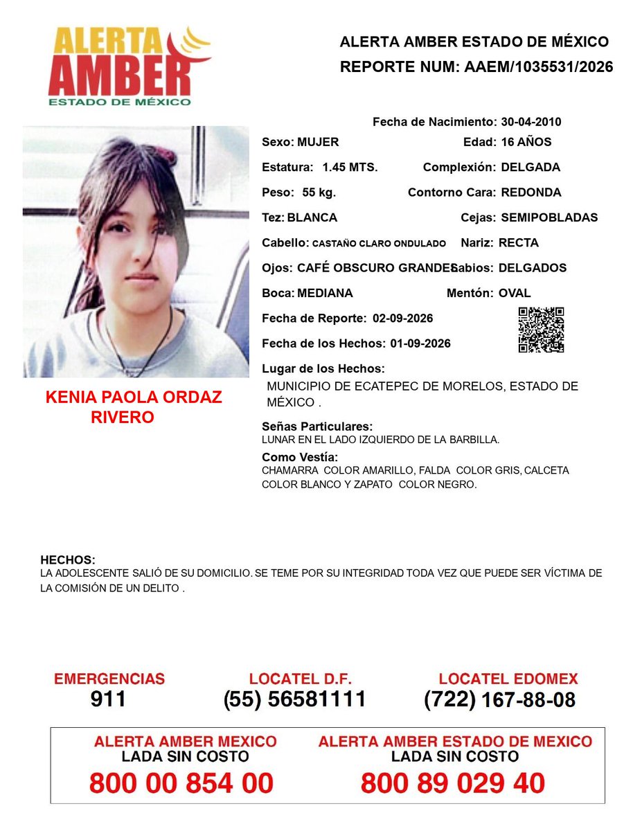 FiscaliaEdomex's tweet photo. 📍Tu apoyo es importante, ayúdanos a difundir, cualquier información para localizar a la siguiente persona comunícate al 📞 800 890 2940 Alerta Amber EDOMEX y ☎️ 800 7028 770 #FiscalíaEdoméx. https://t.co/cs6xXcwIjv