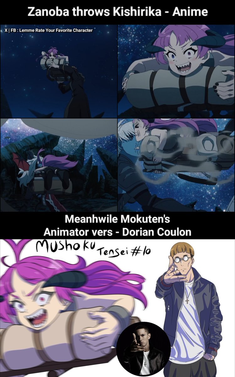 LRYFCID's tweet photo. We all know the iconic scene in Season 3, Episode 10 where Zanoba throws Kishirika at Atofe.
The animator, Mr. Dorian Coulon didn't miss the chance to turn it into a meme with Eminem as the reference.

#MushokuTensei #無職転生 https://t.co/pbgkwl1o6L